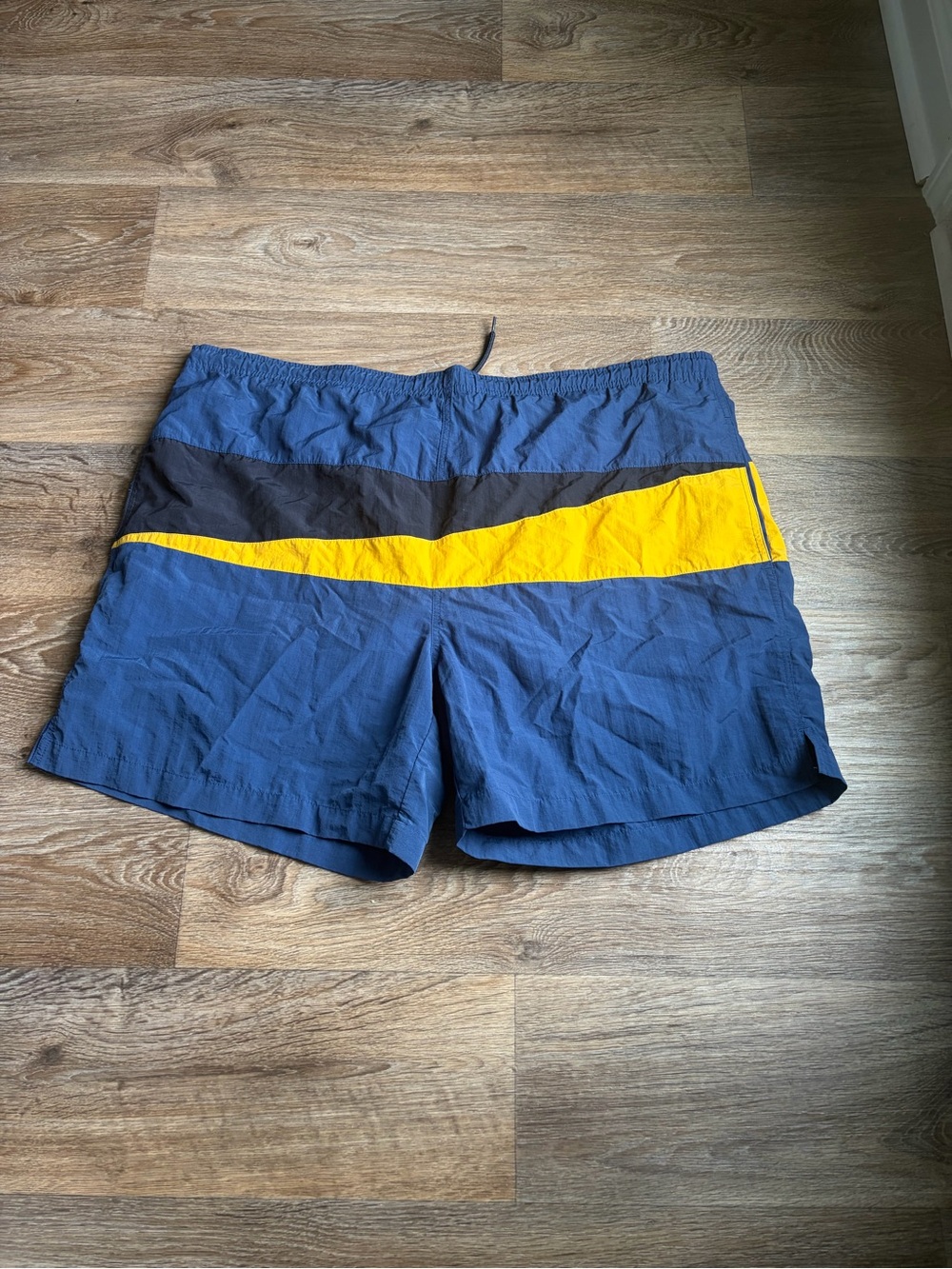 Men's Blue Swim Trunks with Yellow Stripe